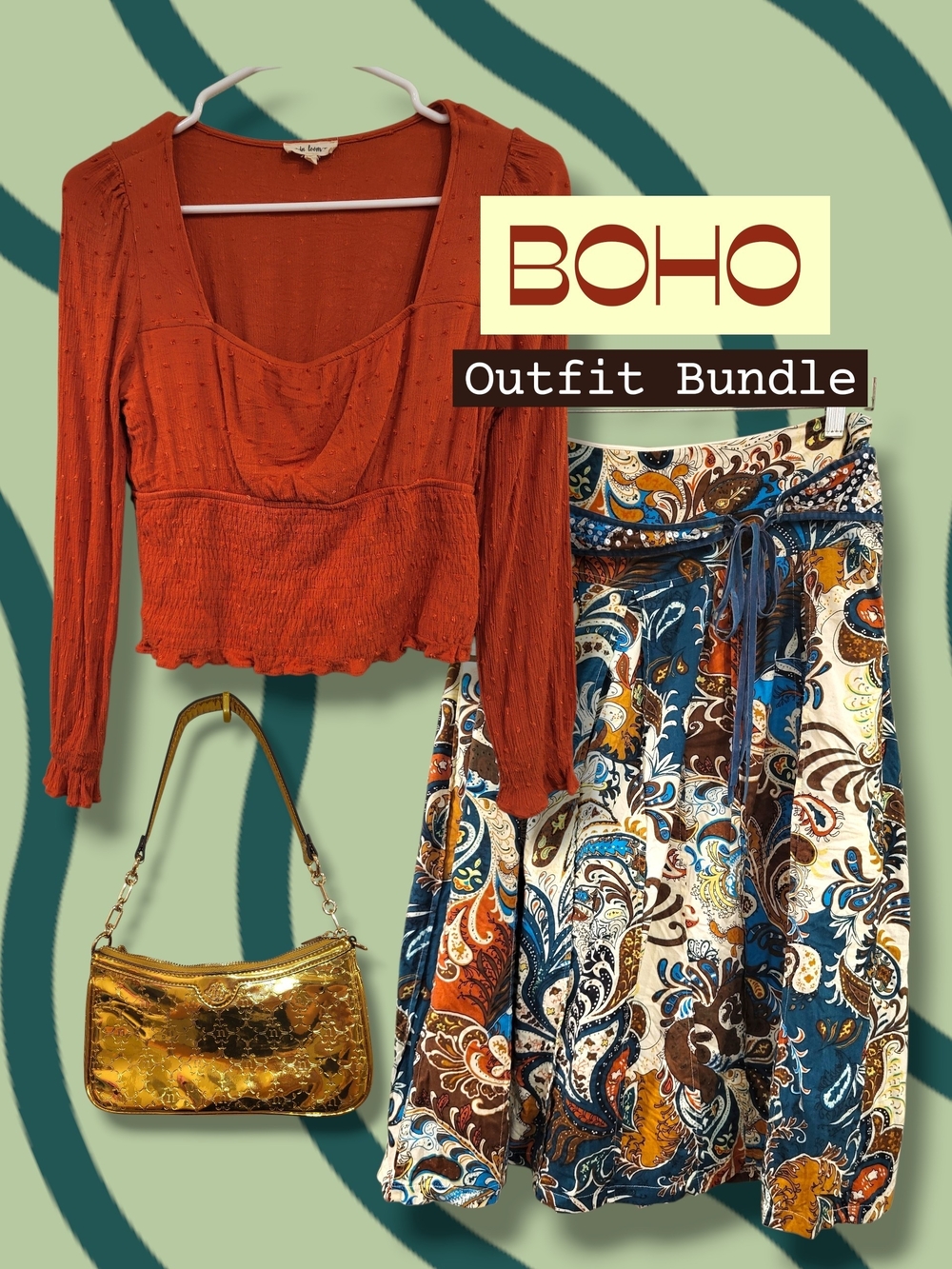 Rust Orange Boho Smocked Crop Top & Paisley Midi Skirt Outfit Bundle🧡